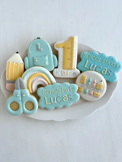 Cookies-Set: Schulstart in Mint & Gelb
